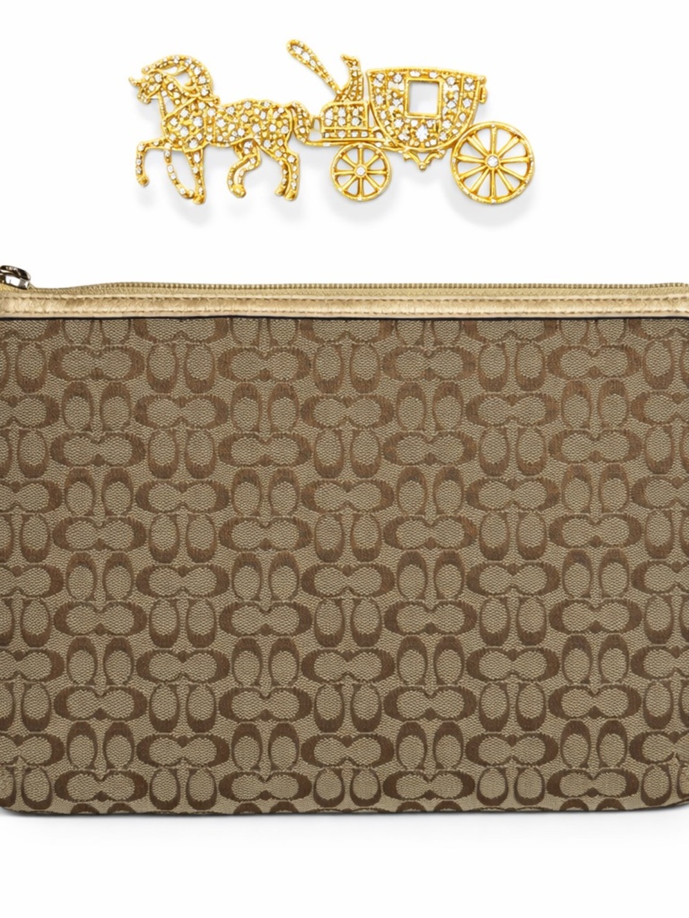 Coach Signature Tablet Sleeve Khaki Jacquard Gold Leather 8.25 x 10.35
